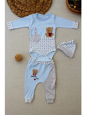 Diji Baby 3-6 9-12 12-18 Ay Romantik Ayıcık Nakışlı Şapkalı Uzun Kollu Zıbınlı 3lü Kız-Erkek Bebek Takımı
