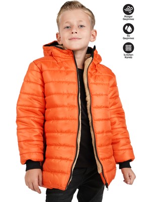 Erkek Çocuk Su ve Rüzgar Geçirmez Içi Kürklü Kapüşonlu Mont Düz Çizgi Desenli