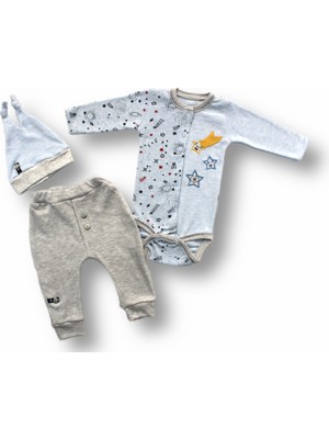 Diji Baby 3-6 6-9 9-12 Ay Kuyruklu Yıldız Nakışlı Şapkalı Uzun Kollu Zıbınlı 3lü Kız-Erkek Bebek Takımı