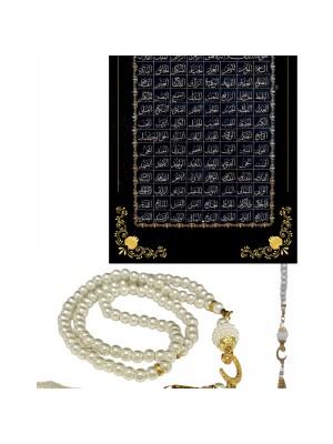 Namaz Tesbihi Vavlı 99'lu Cam Incili Esma'ul Hüsna Dua Kartı ile Krem Renk Hediyelik