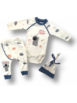 Diji Baby 3-6 6-9 9-12 Ay Şirin Kozmonot Nakışlı Şapkalı Uzun Kollu Zıbınlı 3lü Kız-Erkek Bebek Takımı