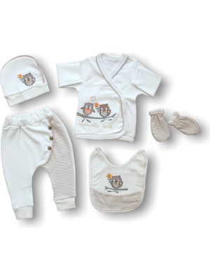 Romantik Çift Baykuş Nakışlı %100 Cotton Antibakteriyel 5li Zıbın Takımı Hastane Çıkışı