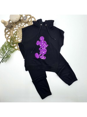 Diji Baby 3-4-5 Yaş Kapşonlu Payetli Mickey Desenli Kısa Kol 2li Kız Erkek Çocuk Takımı