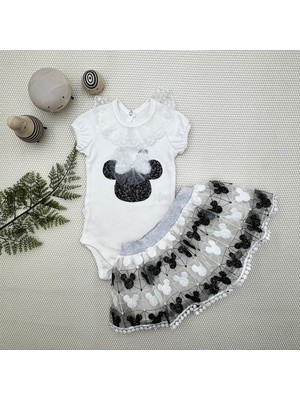 Diji Baby 1-2-3 Yaş Payetli Mickey Nakışlı  Kısa Kollu Brode Etekli 2li Kız Bebek Takımı