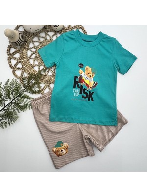 Diji Baby 1-2-3 Yaş Kaykaycı Ayı Baskılı Şortlu Kısa Kollu Tişört 2li Erkek Bebek Takımı