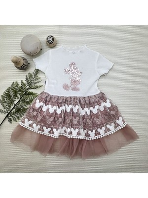 1-2-3 Yaş Payetli Mickey Baskılı Brode Etekli Kız Bebek Elbisesi