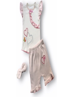 Diji Baby 3-6 6-9 9-12 12-18 Ay Çift Kalp Nakışlı Şort Tişört 3lü Kız Bebek Takımı