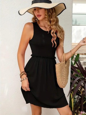 Kadın Kolsuz Bel Lastik ve Büzgü Detay Viskon Mini Elbise