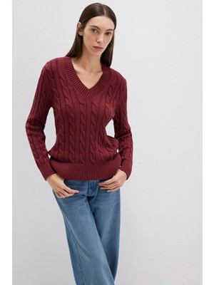 Mavi İpek Karışımlı V Yaka Bordo Kazak 1710720-85493