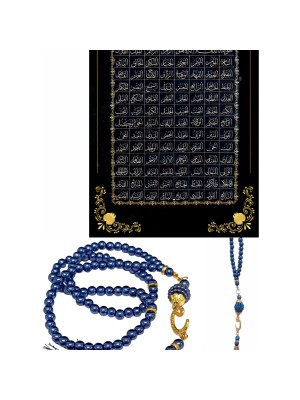 Namaz Tesbihi Vavlı 99'lu Cam Incili Esma'ul Hüsna Dua Kartı ile Lacivert Renk Hediyelik