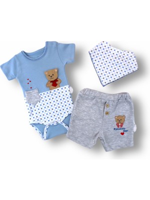 Diji Baby 3-6 6-9 9-12 12-18 Ay Romantik Ayıcık Nakışlı Bandajlı Kısa Kollu Zıbınlı 3lü Kız-Erkek Bebek Takımı