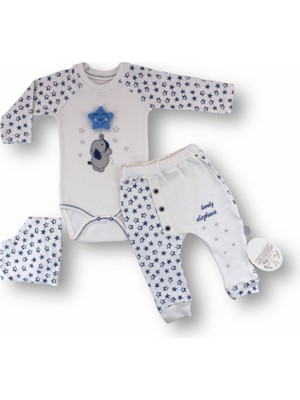 Diji Baby 3-6 6-9 9-12 Ay Kutup Yıldızı Nakışlı Bandajlı Uzun Kollu Zıbınlı 3lü Erkek Bebek Takımı