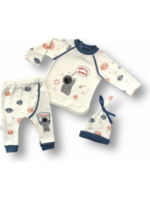 Diji Baby 3-6 6-9 9-12 Ay Şirin Kozmonot Nakışlı Şapkalı Uzun Kollu Sweatli 3lü Kız-Erkek Bebek Takımı