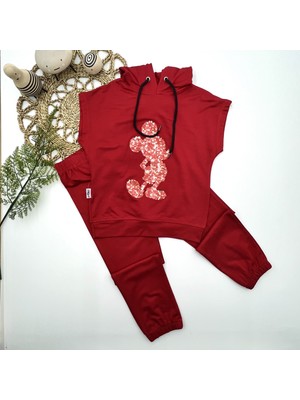 3-4-5 Yaş Kapşonlu Payetli Mickey Desenli Kısa Kol 2li Kız Erkek Çocuk Takımı