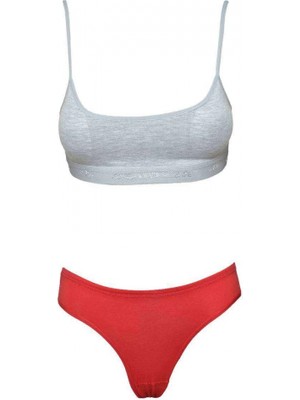 Pedli Ip Askılı Yarım Atlet Büstiyer Külot Takım Gri Kırmızı