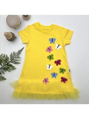 1-2-3 Yaş Renkli Kelebekler Nakışlı Eteği Fırfırlı Jile Çocuk Elbisesi