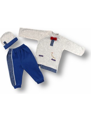 Diji Baby 3-6 6-9 9-12 Ay Cep Saat Nakışlı Şapkalı Uzun Kollu Sweatli 3lü Erkek Bebek Takımı