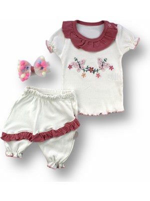 Diji Baby 6-9 9-12 12-18 Ay Çiçek Nakışlı Roman Şalvar Bandanalı Kısa Kollu Sweat 3lü Kız Bebek Takımı