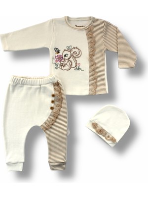 Diji Baby 3-6 6-9 9-12 Ay Minik Sincap Nakışlı Şapkalı Uzun Kollu Sweatli 3lü Kız Bebek Takımı