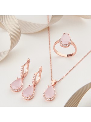 925  Ayar  Rose  Kaplama  Damla  Kuvars Taşlı  Gümüş  Set