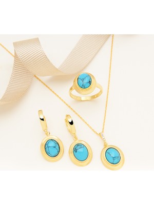 925 Ayar  Sarı Altın Kaplama Firuze Taşlı Gümüş  Set