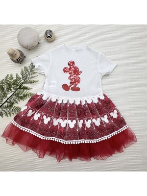 1-2-3 Yaş Payetli Mickey Baskılı Brode Etekli Kız Bebek Elbisesi