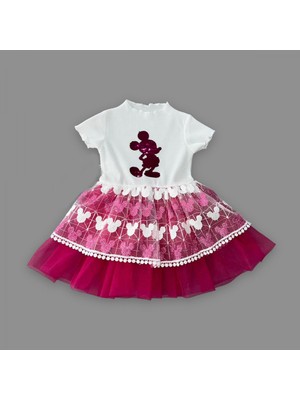 1-2-3 Yaş Payetli Mickey Baskılı Brode Etekli Kız Bebek Elbisesi