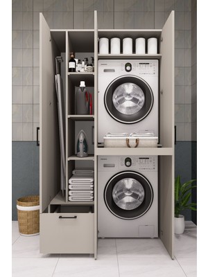 Demirbal Mobilya Mdf Çamaşır Makinesi ve Kurutma Makinesi Dolabı Ütü Masalı Kapaklı