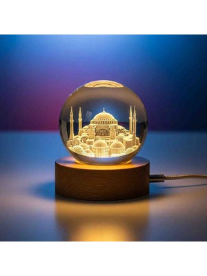 Özel Üretim 3D Sultanahmet Veya Ayasofya Camii Temalı Kristal Cam Küre LED Gün Işığı Usb'li Ahşap Tabanlı Dekor Sanat Eseri