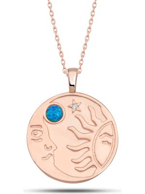 925 Ayar Gümüş Rose Opal Mavi Taşlı Ay Güneş Kadın Kolye T7617