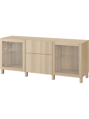 Dolap Kombinasyonu, Ağartılmış Meşe Görünümlü-Beyaz Meşe Görünümlü-Şeffaf Cam, 180X42X74 Cm, Lappvıken/sındvık, Çıt Çıt Raylı