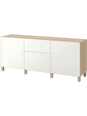 Dolap Kombinasyonu, Ağartılmış Meşe Görünümlü-Parlak Cila-Beyaz, 180X40X74 Cm, Selsvıken, Fren Raylı