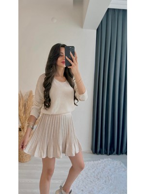Juno Bej Beli Lastikli Pileli Mini Etek