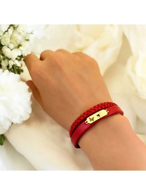 14 Ayar Altın Plakalı Melek Temalı Koyu Kırmızı Derili Kelebek Motifli Hediye BILEKLIK-677