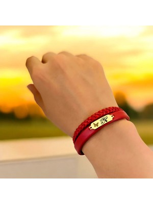 14 Ayar Altın Plakalı Şans Temalı Koyu Kırmızı Derili Kelebek Motifli Hediye BILEKLIK-677