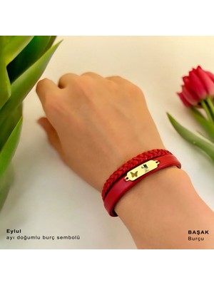 14 Ayar Altın Plakalı Başak Burçları Için Koyu Kırmızı Derili Kelebek Motifli Hediye BILEKLIK-677
