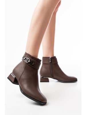 RM-502 Kahverengi Toka Aksesuarlı Topuklu Fermuarlı Günlük Kadın Bot