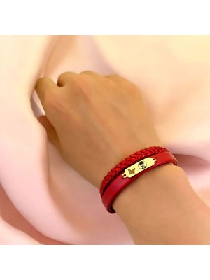 Altın Plakalı 14 Ayar Atatürk Temalı Kelebek Motifli Koyu Kırmızı Derili Hediye BILEKLIK-677