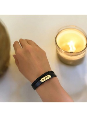 14 Ayar Altın Plakalı Sonsuzluk Temalı Doğal Siyah Derili Kelebek Figürlü Hediye BILEKLIK-678