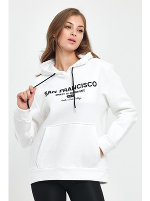 Süperlife Kadın Kapşonlu Rahat Kalıp Içi Polarlı 3 Iplik Kanguru Cepli San Francisco Baskılı Swetashırt SPR24SWK02