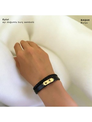 14 Ayar Plakalı Altın Başak Burçları Için Doğal Siyah Derili Kelebek Figürlü Hediye BILEKLIK-678