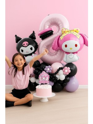 4 Yaş Kuromi ve My Melodi Doğum Günü Balon Seti Siyah Rakam Pembe Mor Helyum Uyumlu Uçan Balon