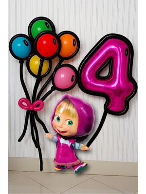 4 Yaş Lisanslı Büyük Boy Maşa Koca Ayı Balon Seti Maşa Balon Doğum Günü Gold Rakam Balon Set