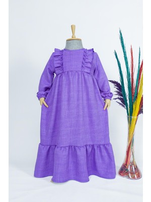 Kız Çocuk Keten Elbise Buse Model Uzun Tesettür Tam Boy Elbise Lila