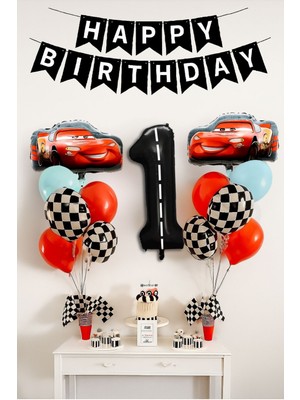 1 Yaş Şimşek Araba Doğum Günü Parti Seti Siyah Rakam Balon Happy Birthday Banner Arabalar Set