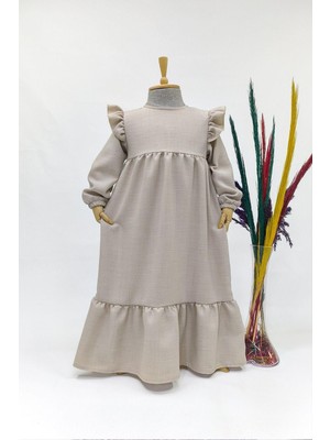 Kız Çocuk Keten Elbise Asude Model Uzun Tam Boy Tesettür Elbise Bej