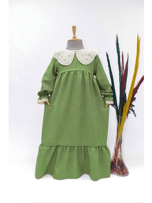 Kız Çocuk Fisto Yakalı Keten Elbise - Elif Model Uzun Tesettür Mint Yeşili Elbise