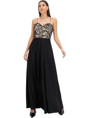 Kadın Straplez Kalp Yaka Dantelli Uzun Maxi Boy Siyah Ekru Curve Abiye Gece Şık Ebise