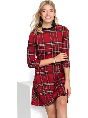 Kadın Ekose Desen Bisiklet Yaka Çan Etek Truvakar Kol Şık Casual Spor Curve Elbise