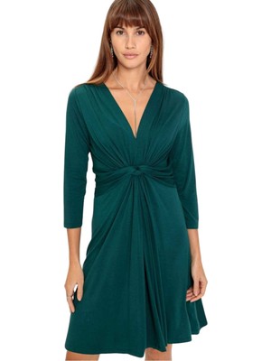 Kadın Önden Düğümlü V Yaka Spor Şık Truvakar Kol Casual Curve Hamile Elbisesi